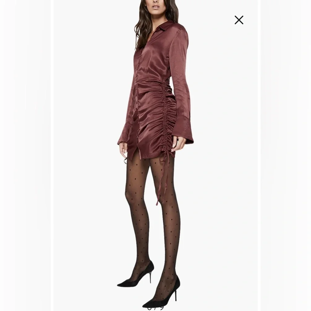 Bardot Sui Side Ruched Long Sleeve Minidress Merlot Red Satin Size US‎ 6 - Picture 2 of 14